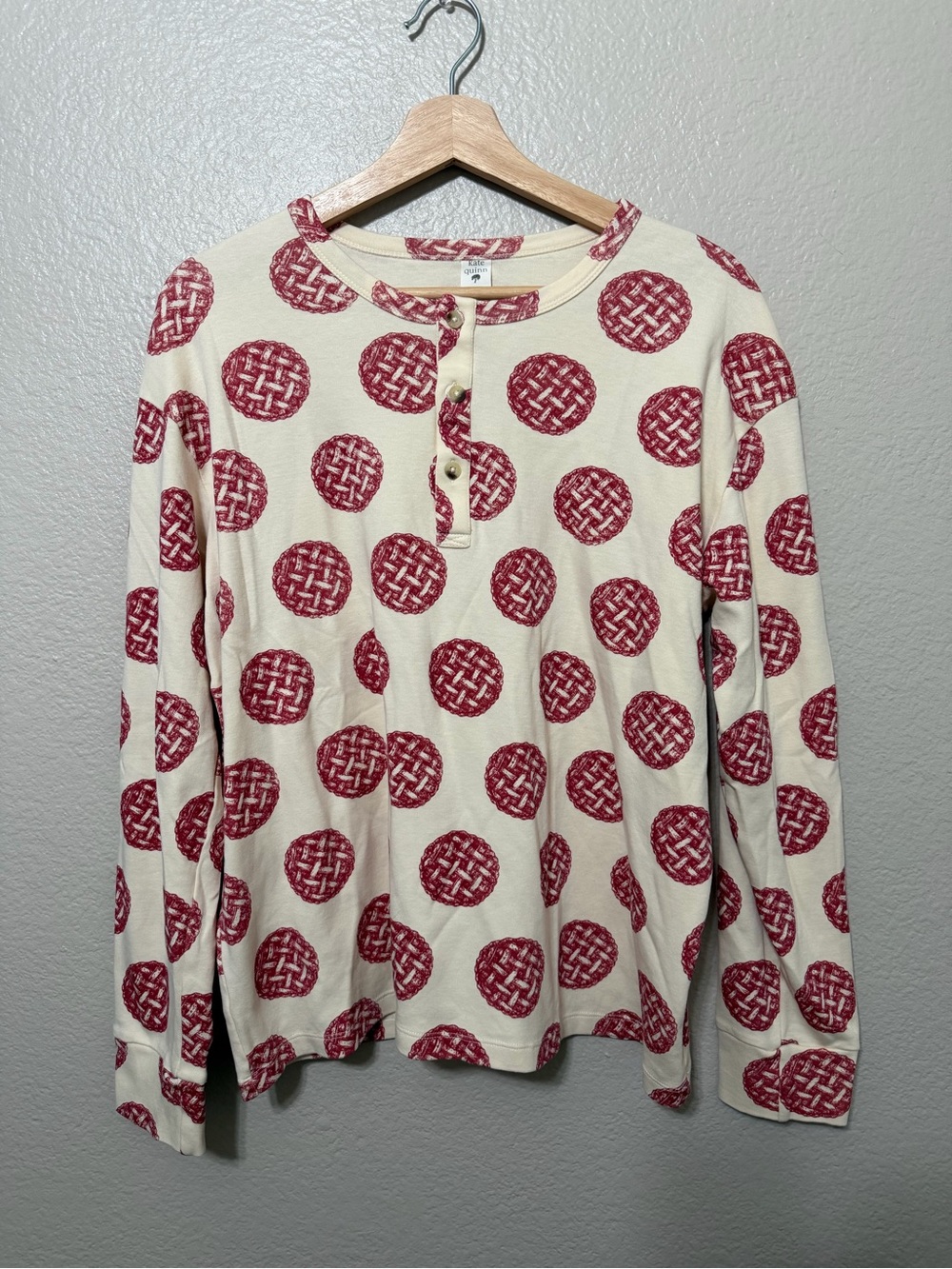 Kate Quinn Cream/Red Cherry Pie Organic Cotton Knit Henley Long Sleeve Top XL